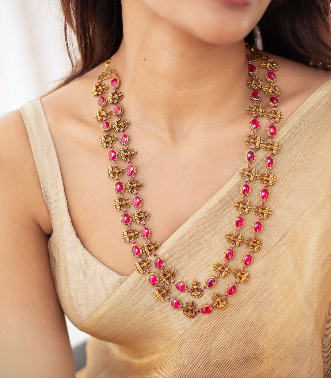 Two Layer Kemp Stone Lakshmi Long Necklace From