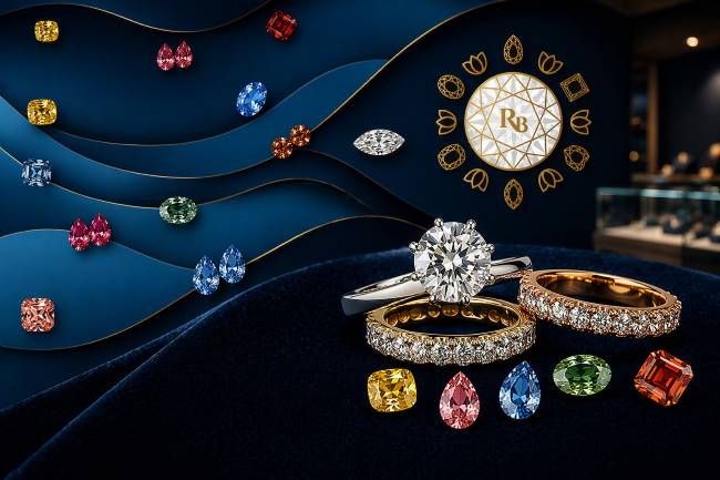 A jewellery banner for "RB" (Rare Brilliance) featuring diamond and gemstone rings displayed on dark blue velvet, with a decorative logo medallion and colourful gemstones scattered across a flowing navy background.