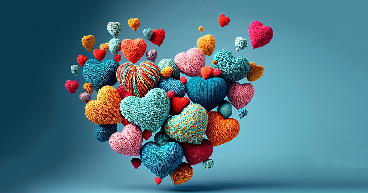 Knitted hearts forming a knitted heart