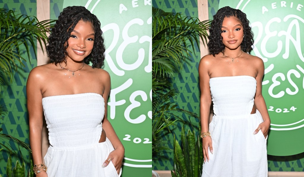 Halle Bailey 身穿白色无肩带连身裤参加 Aerie Real Fest