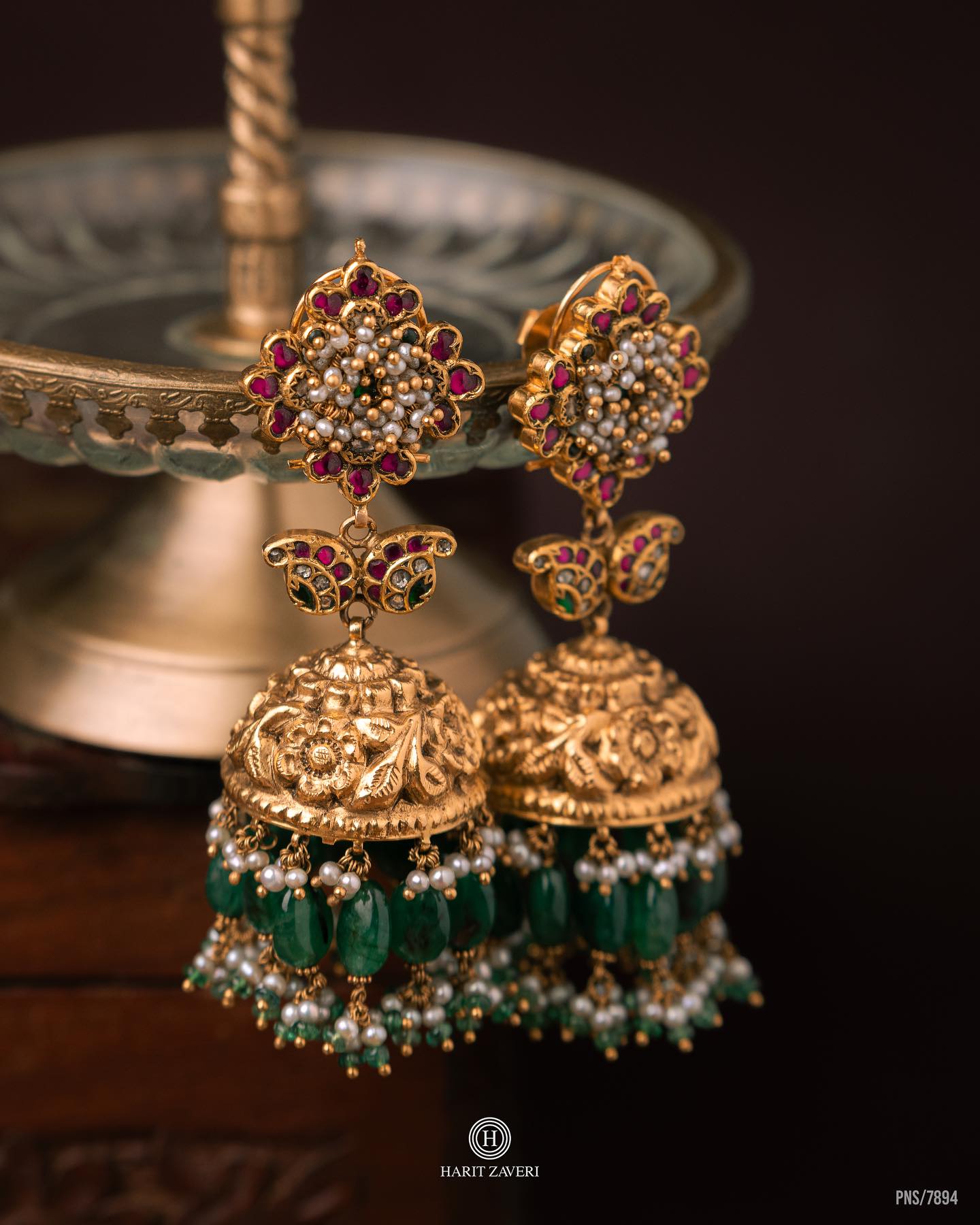 Gold Long Jhumka With Green Beads From