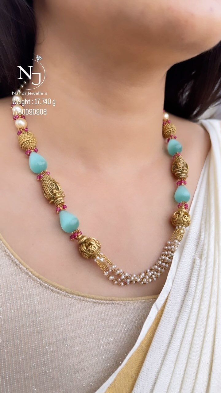 Gold Pearl and Blue Onyx Necklace From