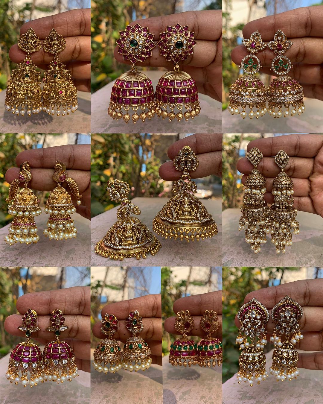 来自“Chettinad Creations”的传统 Kemp 宝石和珍珠 Jhumkas • 南印度珠宝
