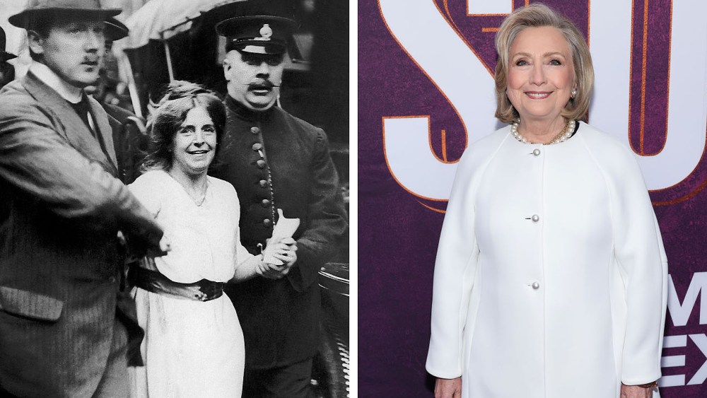 Suffragette Annie Kenney arrested by police officers in 1905, at left, and Hillary Clinton at the premiere of "Suffs" on April 18, 2024, suffragette white color meaning