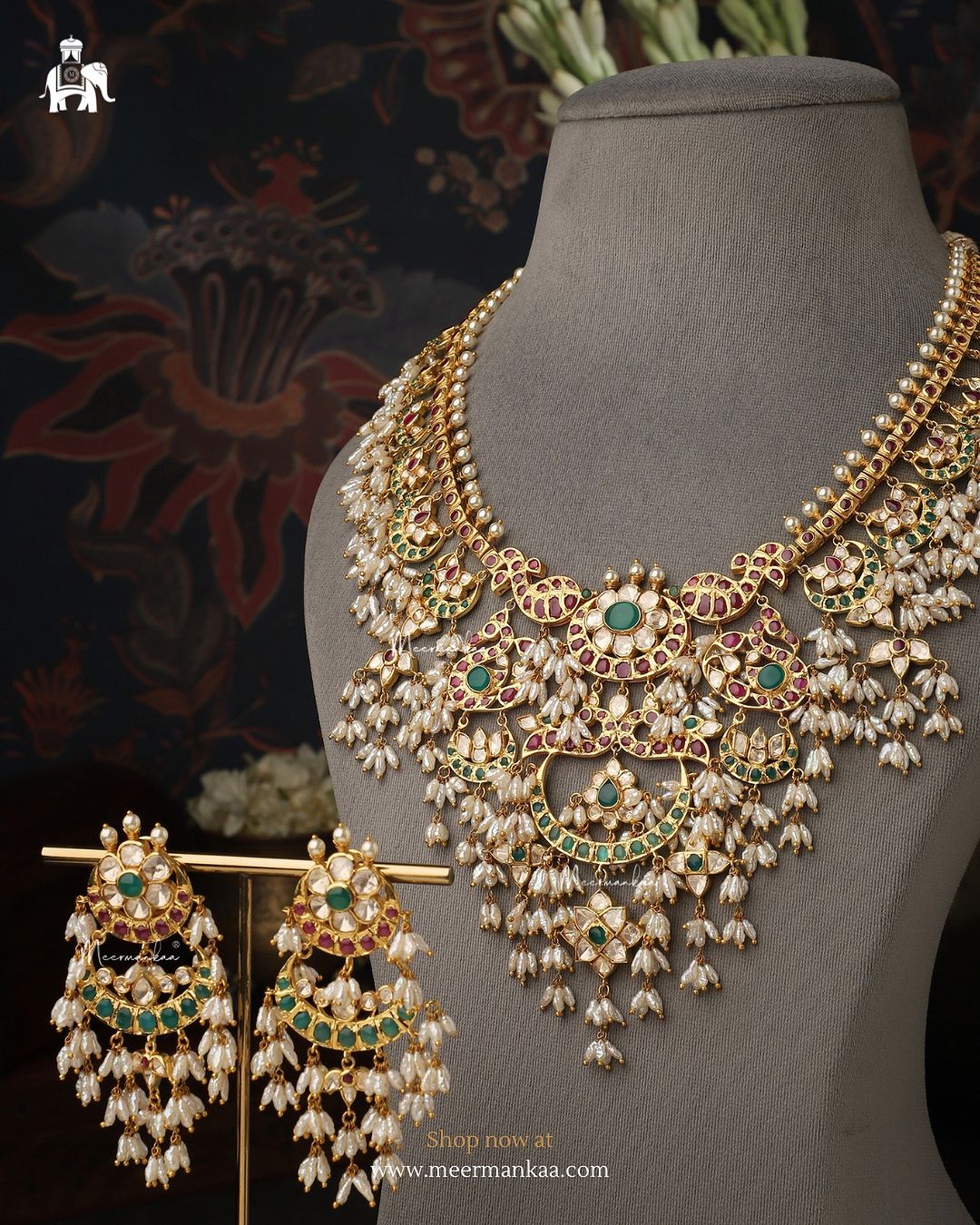 Mirmanka 的银珍珠和莫桑石项链 • South Indian Jewellery