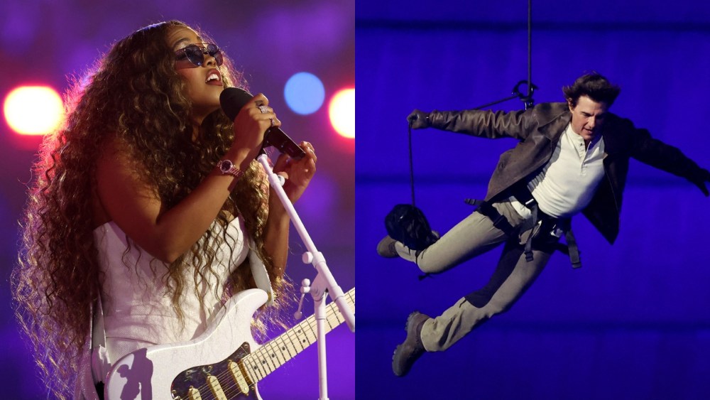 H.E.R and Tom Cruise during the closing ceremony of the 2024 Paris Olympics on Aug. 11.