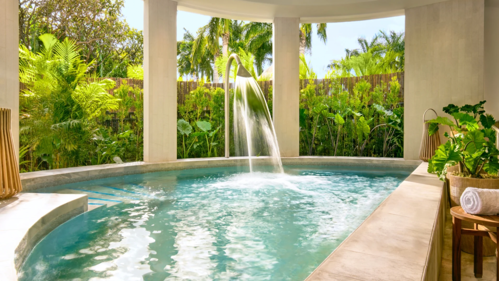 outdoor covered pool at a luxury spa with greenery