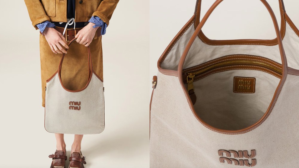 person carrying miu miu canvas tote bag; close up of miu miu canvas tote bag