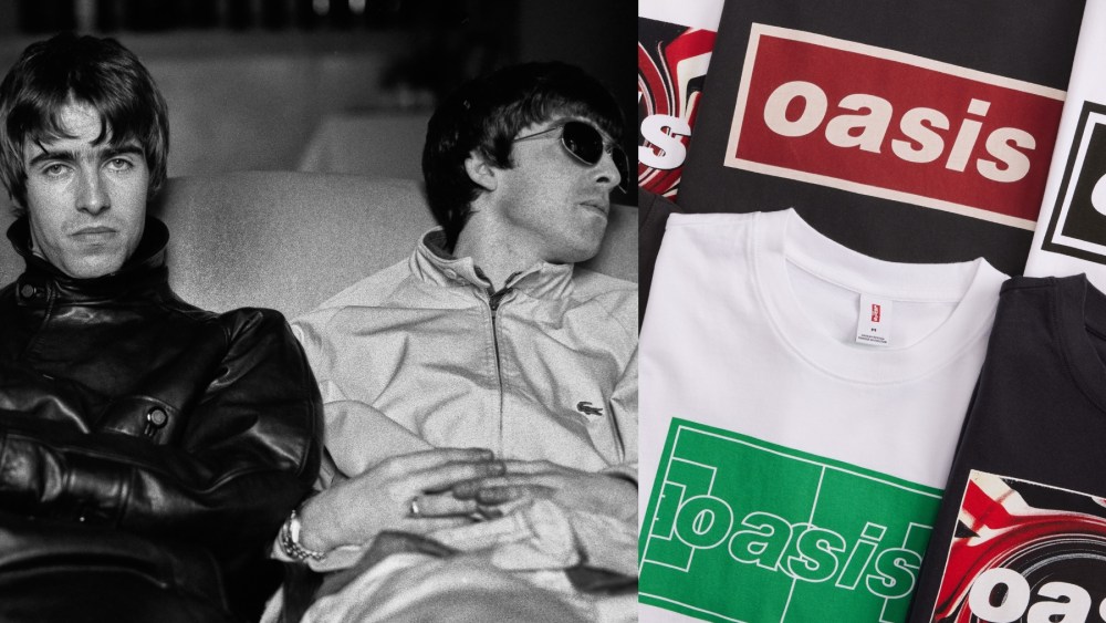Left: Liam and Noel Gallagher of Oasis. Right: T-shirts from the Levi's and Oasis collection, graphics, band, music, vintage