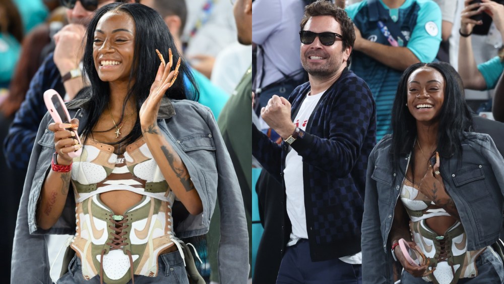 Sha'Carri Richardson and Jimmy Fallon at the 2024 Paris Olympics on Aug. 10, Louis Vuitton, speedy, Nike corset