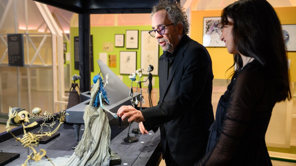Tim Burton and curator Maria McLintock at the London exhibition, which showcases 600 items from the director's body of work.