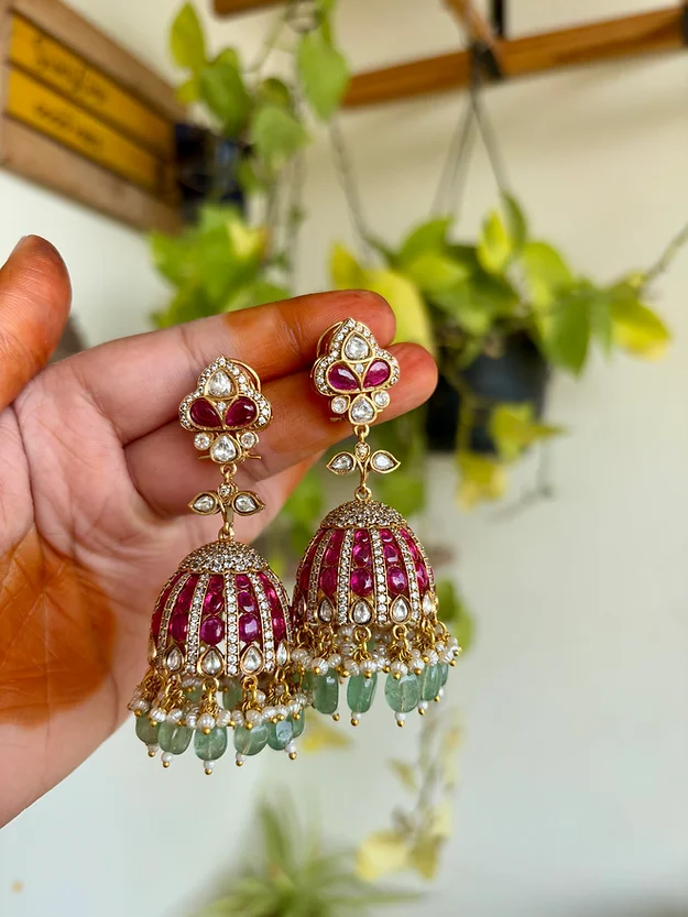Imitation Moissanite Kundan Jhumkas From