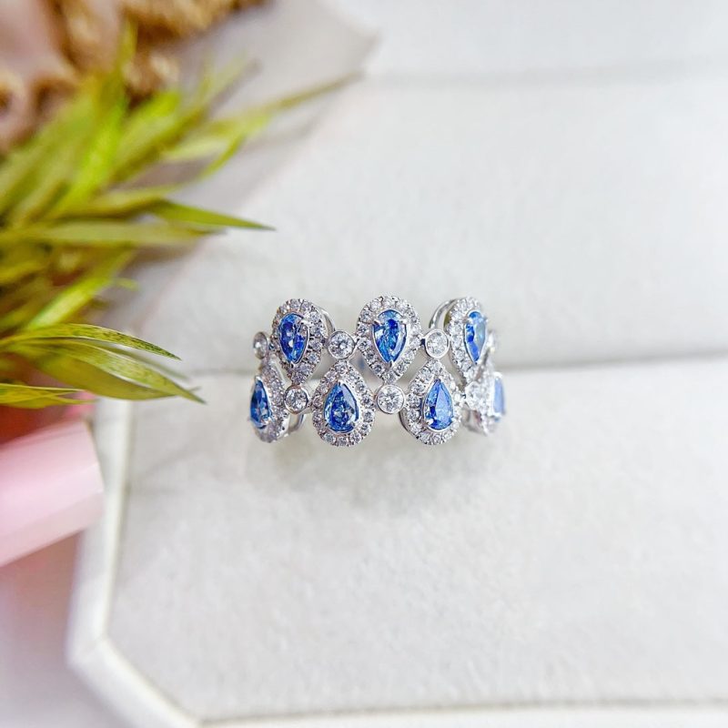 18K Gold Blue Diamond Seven-Drop Double Row Ring | Premium Jewelry - Blue Diamond Ring