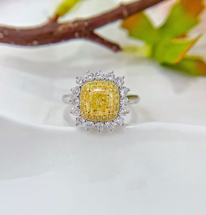 18K Gold Diamond GIA Cushion Halo Ring - Premium Jewelry - GIA Yellow Diamond Ring