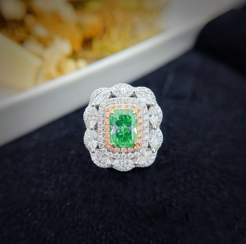 18K Green Diamond and Diamond Halo Cushion-Cut with Marquise Double-Wear Jewelry - GIA Green Diamond Ring