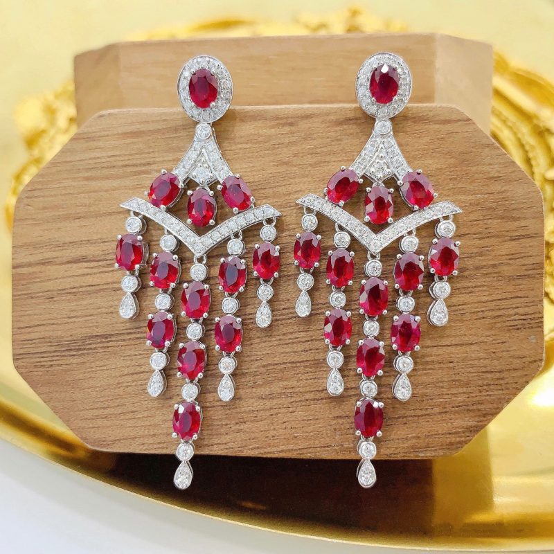 18K Red Gemstone Elliptical V-Shaped Tassel Earrings Jeweler.Jewelry