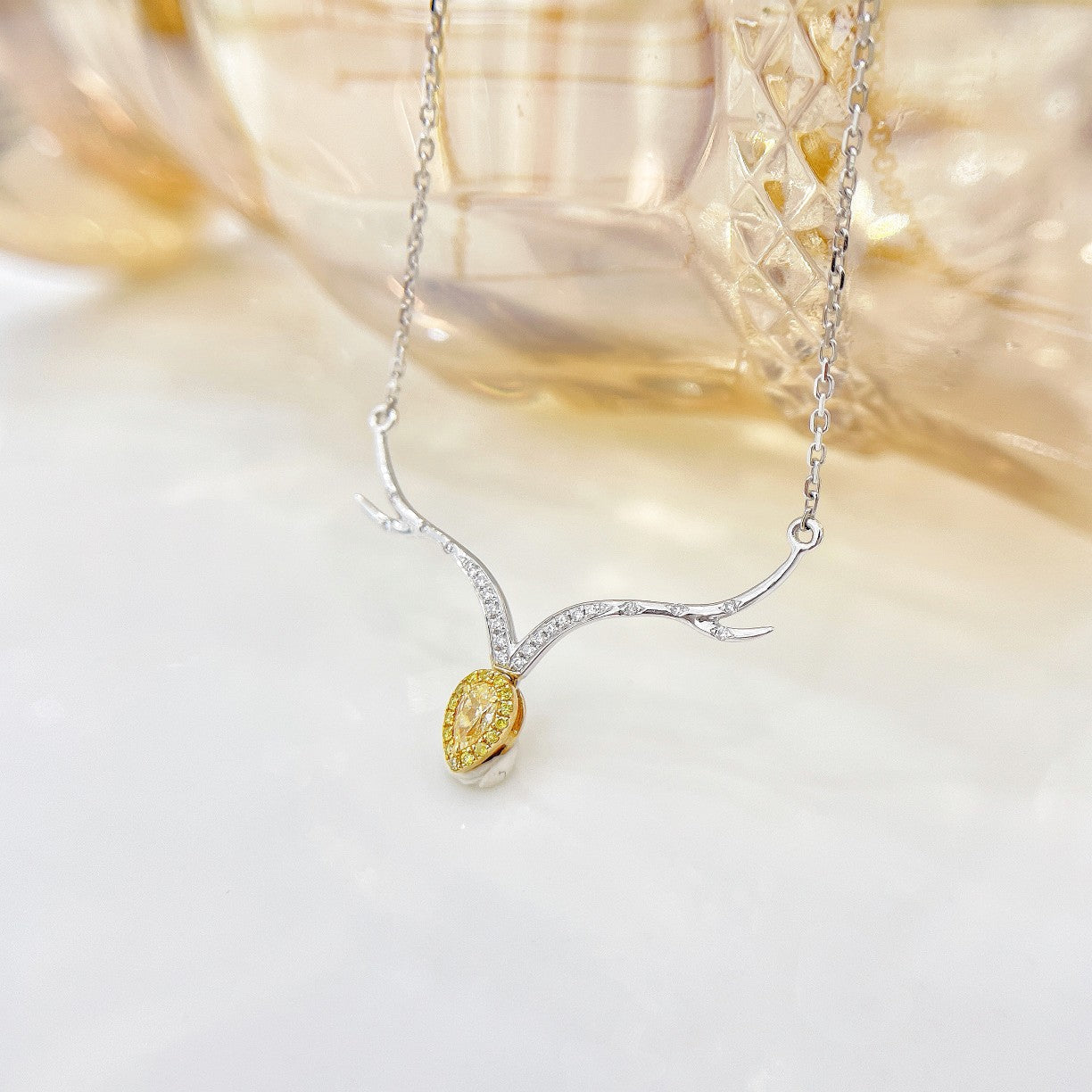 18K Yellow Gold Diamond and Teardrop Deer Antler Pendant - Exquisite Jewelry - Yellow Diamond Necklace