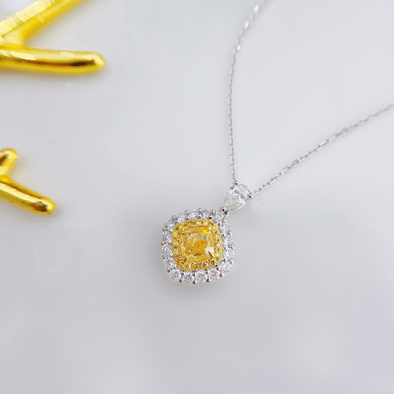 18K Yellow Gold Diamond Cushion-Cut Halo Pendant Necklace - Jewelry - Yellow Diamond Necklace