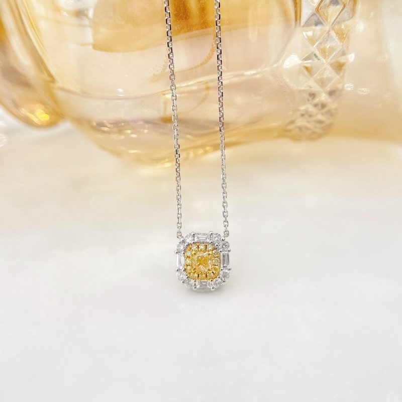 18K Yellow Gold Diamond Cushion-Cut Halo T Necklace | Premium Jewelry - Yellow Diamond Necklace