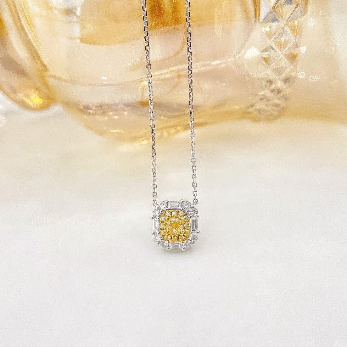 18K Yellow Gold Diamond Cushion-Cut Halo T Necklace | Premium Jewelry - Yellow Diamond Necklace