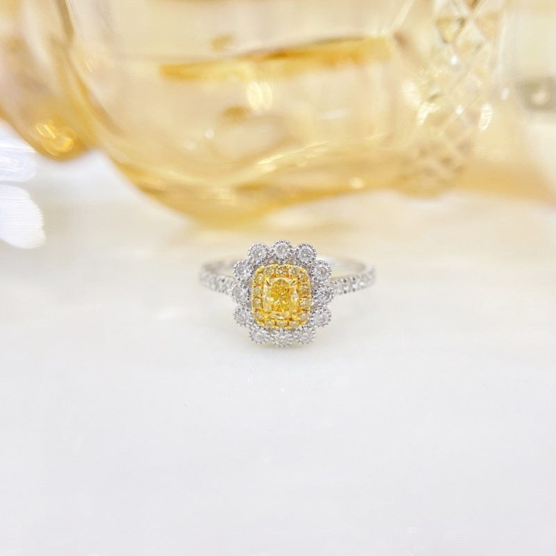 18K Yellow Gold Diamond Cushion Flower Garden Ring - Exquisite Jewelry - Yellow Diamond Ring