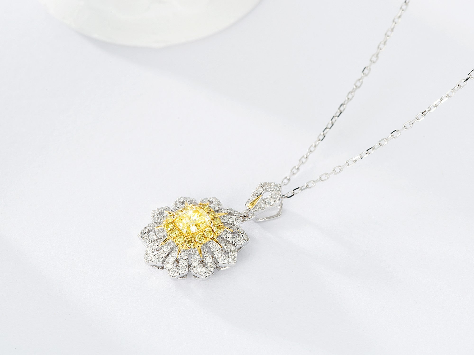 18K Yellow Gold Diamond Cushion Sunflower Necklace - Yellow Diamond Necklace