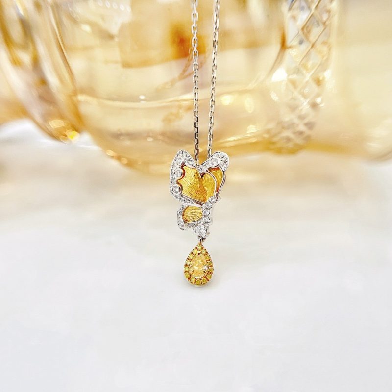 18K Yellow Gold Diamond Drop Butterfly Pendant Jewelry - Yellow Diamond Necklace