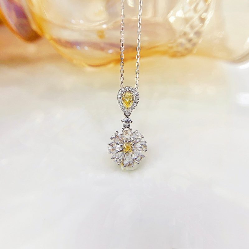 18K Yellow Gold Diamond Drop Rose Pendant Jewelry - Yellow Diamond Necklace