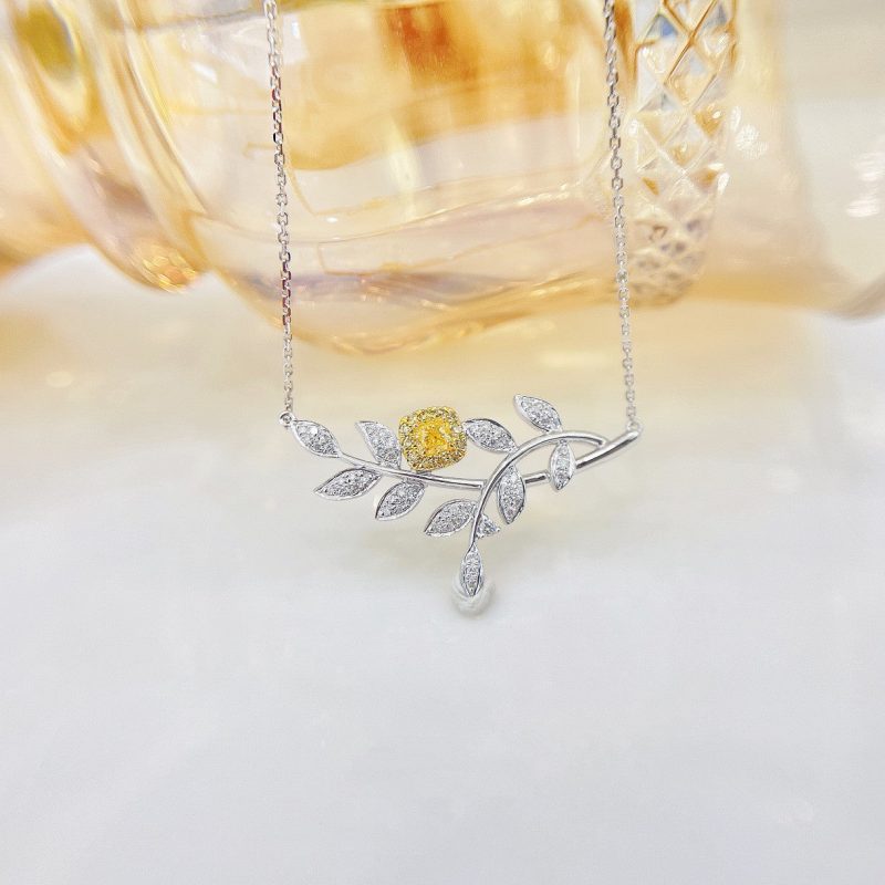 18K Yellow Gold Diamond Pillow-Shaped Leaf Pendant – Elegant Jewelry Piece - Yellow Diamond Necklace