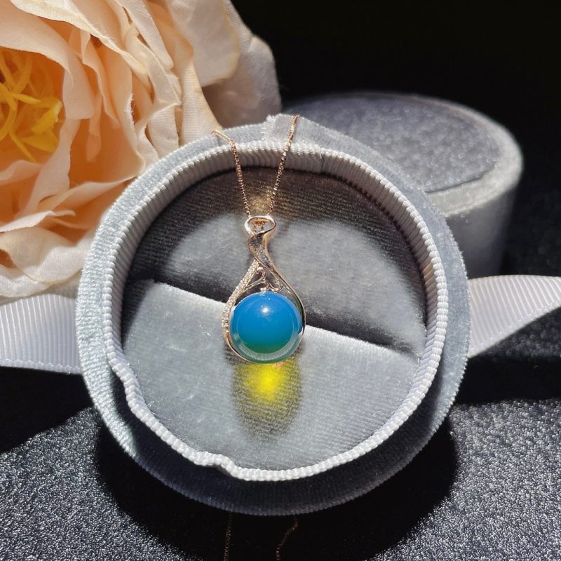 18K Gold Embedded Dominican Blue Amber Pendant - Be a Joyful Girl "Anytime" Jewelry