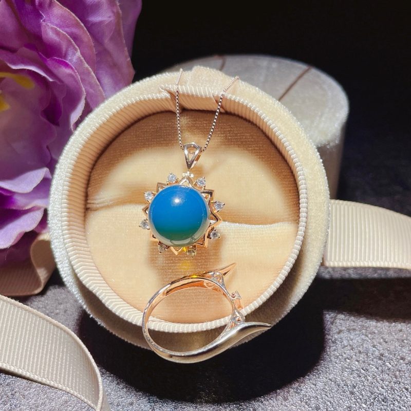 18K Gold Embedded Dominican Blue Amber Pendant - Unique Jewelry for Love