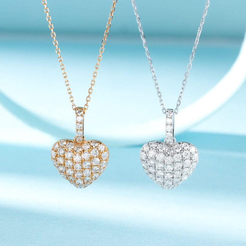 18K Cultured Round Diamond Beaded Edge Heart Pendant Necklace
