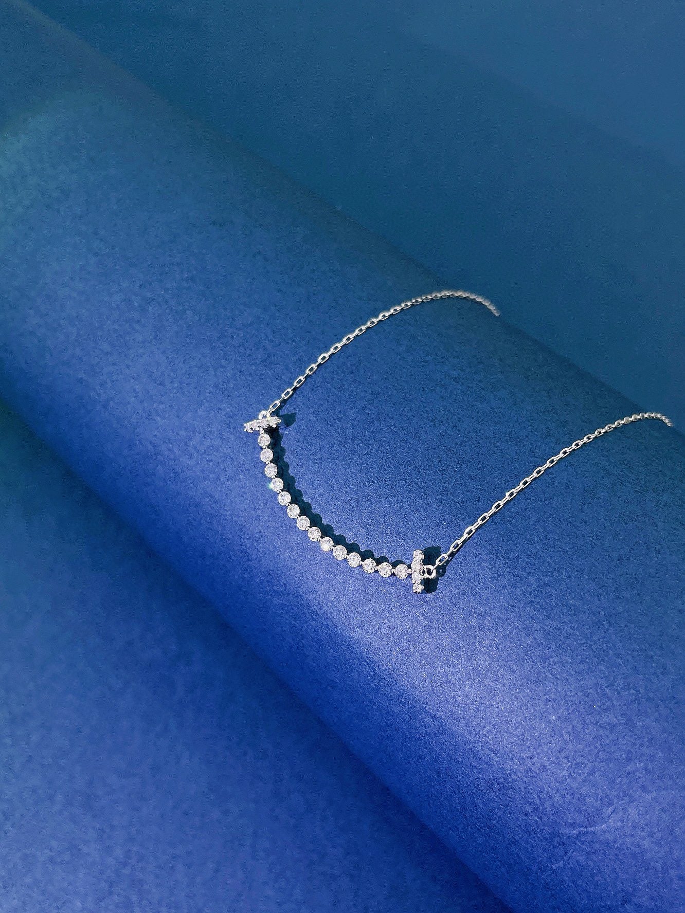 18K Cultured Diamond Minimalist Full-Pave Smile Necklace - 图片 2