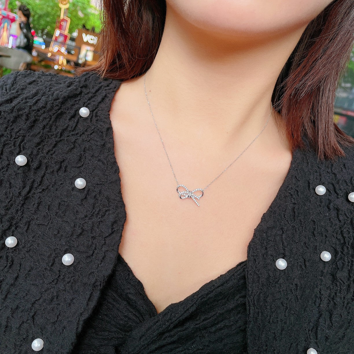 Diamond Double-Line Bowknot Set - Elegant Jewelry Collection - White Diamond Set System