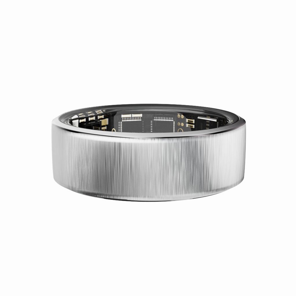 A render of a silver ring band with microchips on the inside.