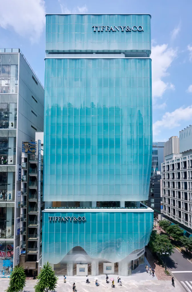 Exterior of the blue and white facade of Tiffany