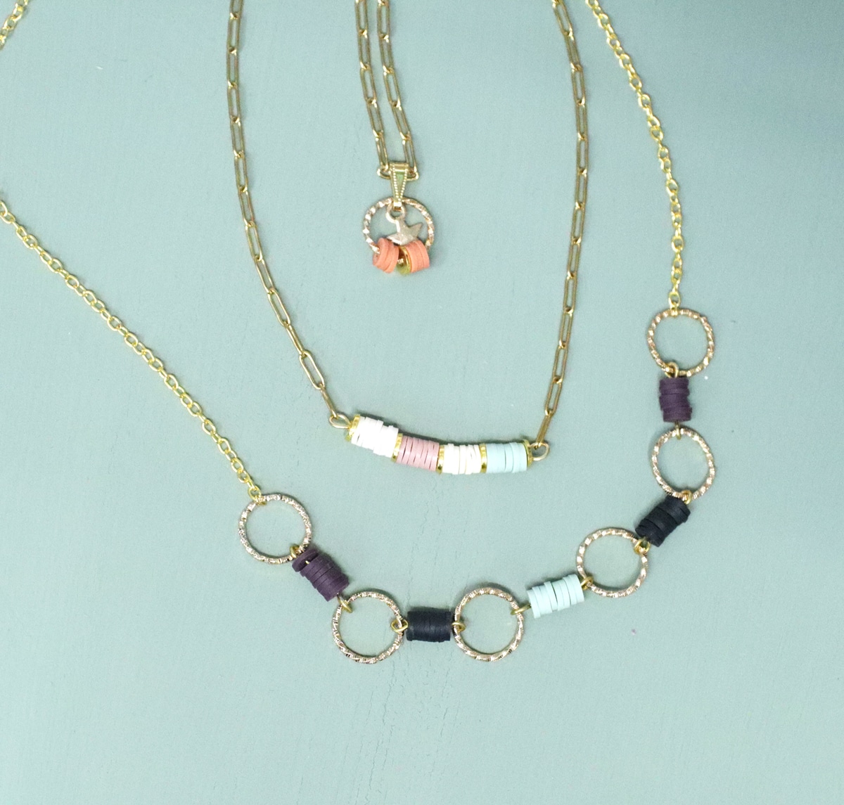 clay bead necklace three ways gold chain
