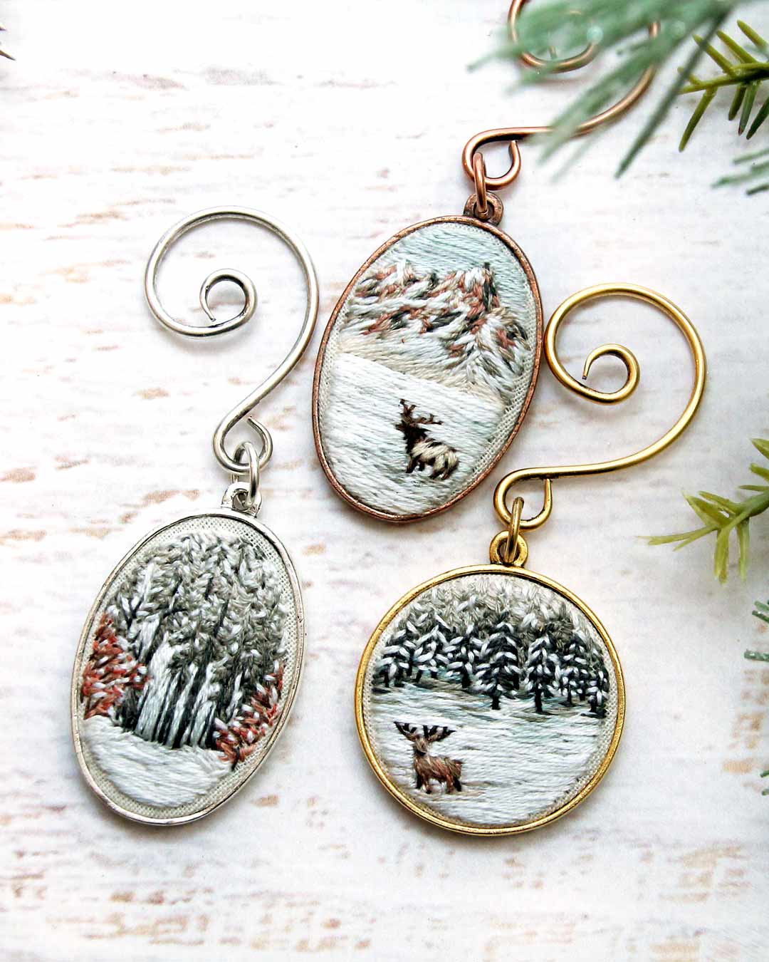 线中的冬季场景：刺绣装饰品的灵感！