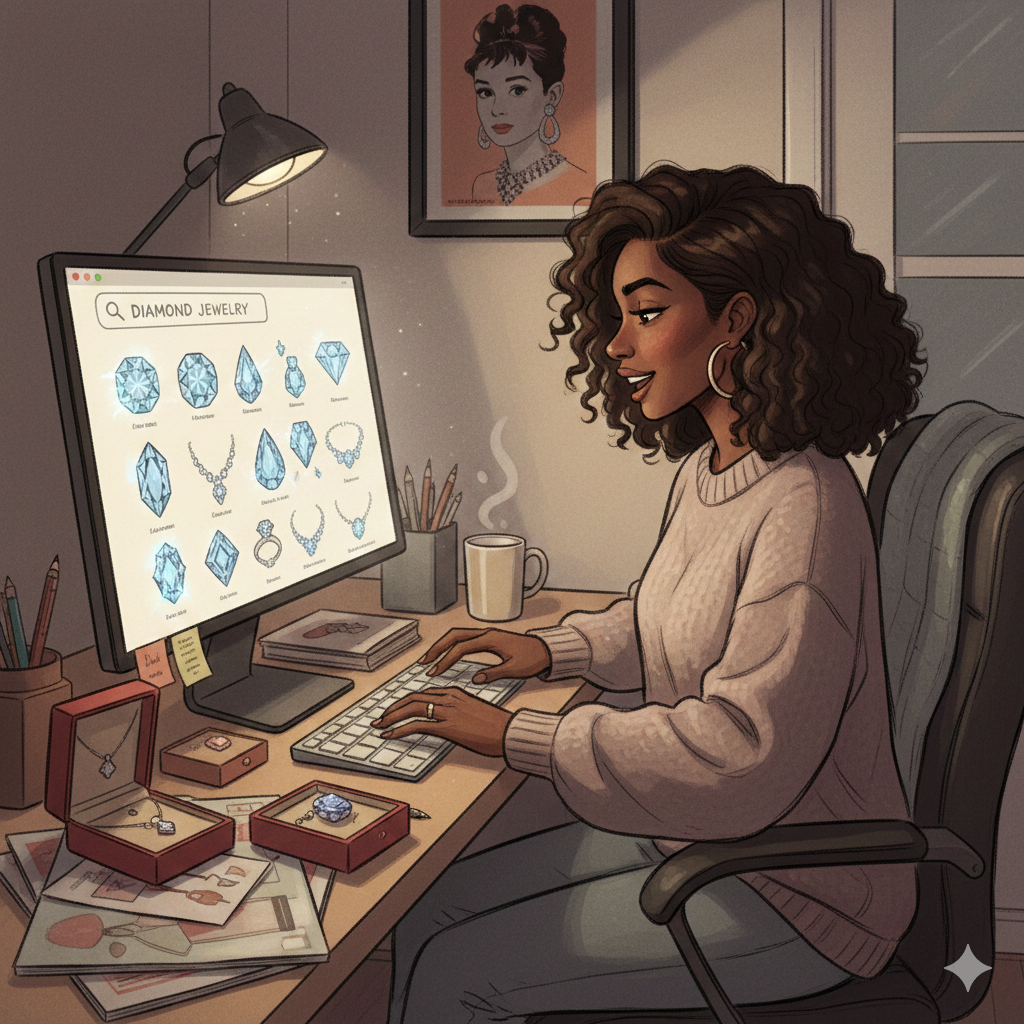 Woman Shopping for Diamond Jewelry Online for cyber monday