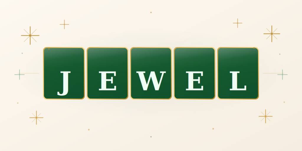 Green tiles with white letters spell "JEWEL" on a light background with gold and teal star-like accents.