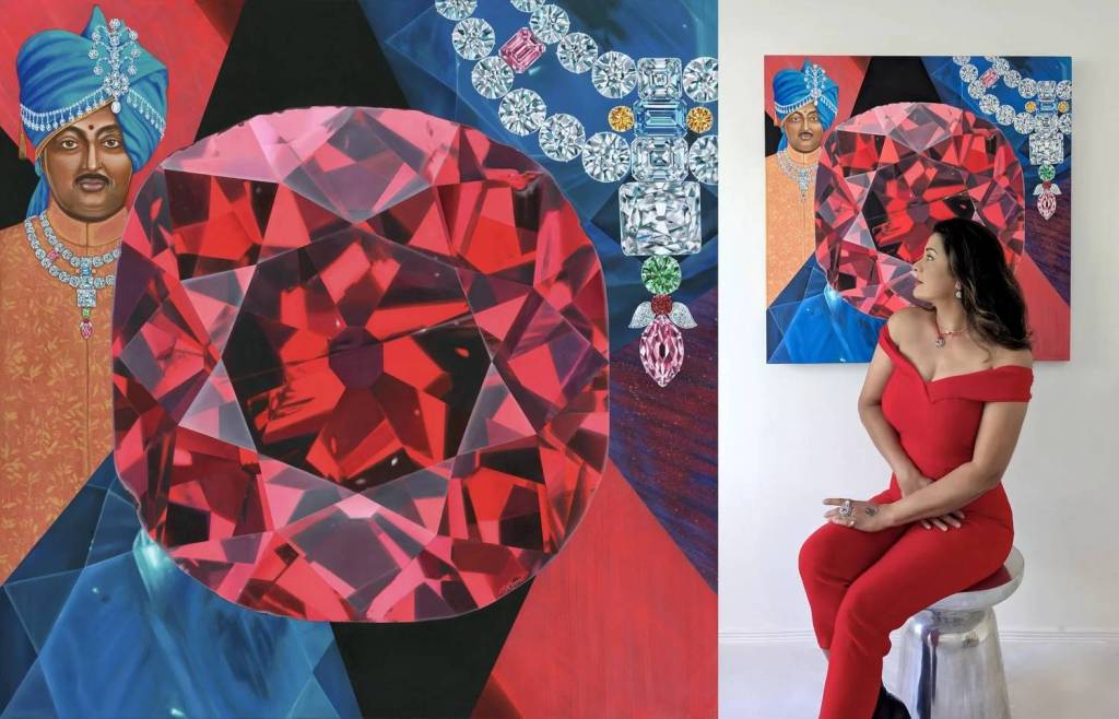 Reena Ahluwalia in a red outfit sitting on a silver stool in front of the vibrant painting featuring a large Winston Red Diamond and ornate jewellery.